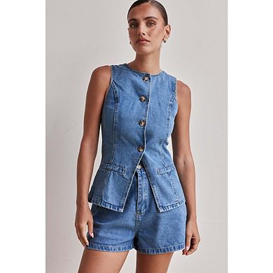 Women's Button Down Denim Vest Sleeveless Tank Tops Crew Neck Slim Fit With Pockets