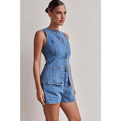 Women's Button Down Denim Vest Sleeveless Tank Tops Crew Neck Slim Fit With Pockets