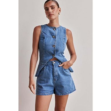 Women's Button Down Denim Vest Sleeveless Tank Tops Crew Neck Slim Fit With Pockets