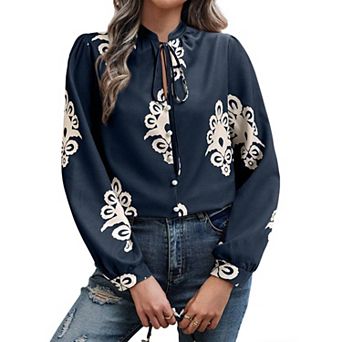 Women Damask Print Long Sleeve Tie Neck Blouse Stand Collar Button Shirt Work Summer Casual Fall Top
