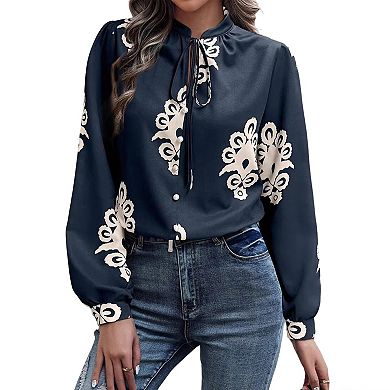 Women Damask Print Long Sleeve Tie Neck Blouse Stand Collar Button Shirt Work Summer Casual Fall Top