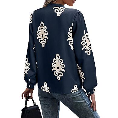 Women Damask Print Long Sleeve Tie Neck Blouse Stand Collar Button Shirt Work Summer Casual Fall Top