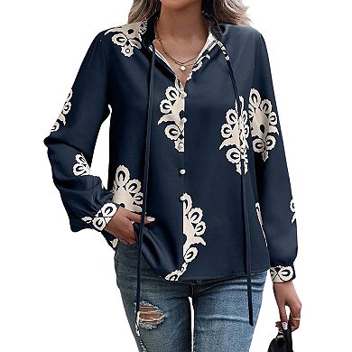 Women Damask Print Long Sleeve Tie Neck Blouse Stand Collar Button Shirt Work Summer Casual Fall Top