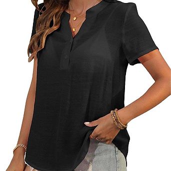 Seoria Womens Short Sleeve V Neck Button Down Henley Shirt Casual Loose Fit Blouse Tops