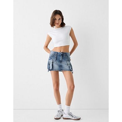 High Waist Denim Cargo Skort For Women Stretchy Casual Mini Y2K With Snap Button Pockets