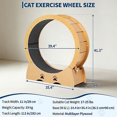 Low Noise Wooden Cat Exercise Wheel, Carpeted Removable Treadmill for Indoor Cat Running & Training