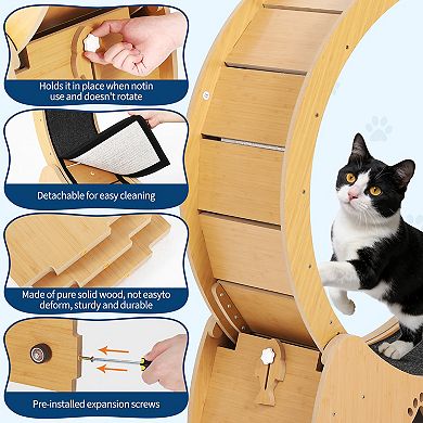 Low Noise Wooden Cat Exercise Wheel, Carpeted Removable Treadmill for Indoor Cat Running & Training