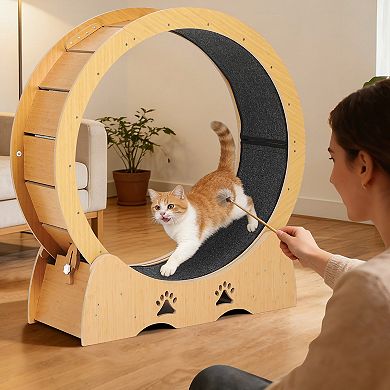 Low Noise Wooden Cat Exercise Wheel, Carpeted Removable Treadmill for Indoor Cat Running & Training