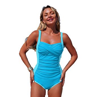 Color Block Ruched One Piece Swimsuit Wide Strap Bathing Suit