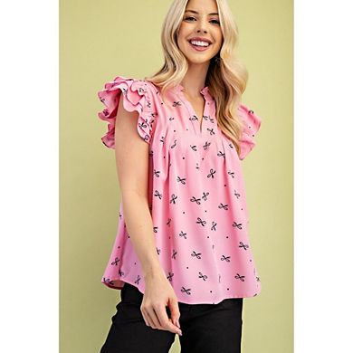 Women's Cute V Neck Blouse Ruffle Flutter Sleeves Loose Fit Tops