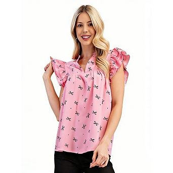 Women's Cute V Neck Blouse Ruffle Flutter Sleeves Loose Fit Tops