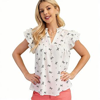 Women's Cute V Neck Blouse Ruffle Flutter Sleeves Loose Fit Tops