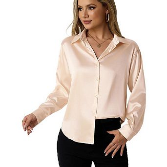 Women Satin Button Down Long Sleeve Blouse Collared Casual Office Shirt