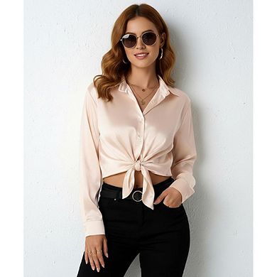 Women Satin Button Down Long Sleeve Blouse Collared Casual Office Shirt