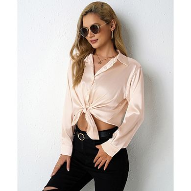 Women Satin Button Down Long Sleeve Blouse Collared Casual Office Shirt