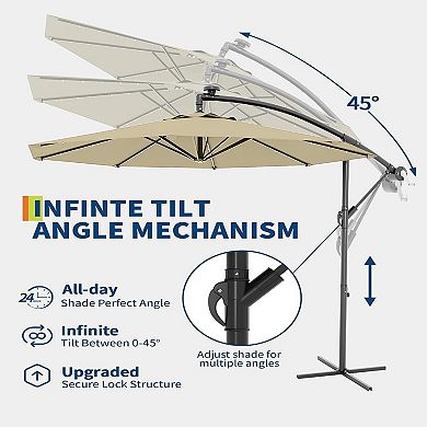 10FT Offset Patio Umbrella with 32 Solar LED Lights Infinite Tilt Cross Base for Deck Pool