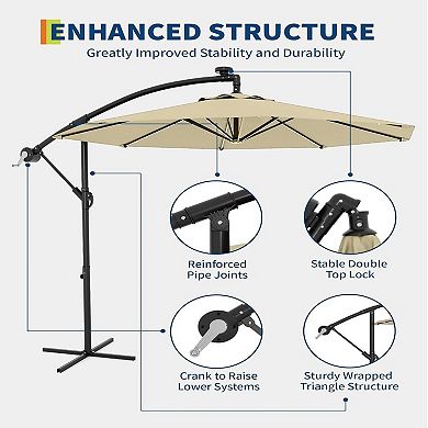 10FT Offset Patio Umbrella with 32 Solar LED Lights Infinite Tilt Cross Base for Deck Pool