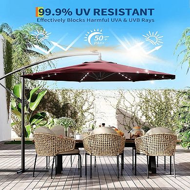 10FT Offset Patio Umbrella with 32 Solar LED Lights Infinite Tilt Cross Base for Deck Pool