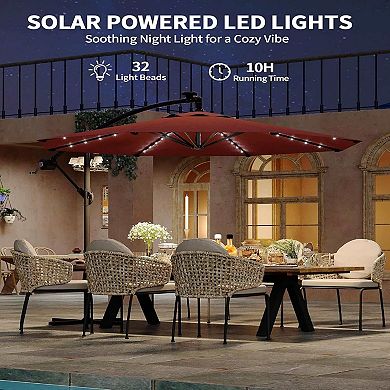 10FT Offset Patio Umbrella with 32 Solar LED Lights Infinite Tilt Cross Base for Deck Pool