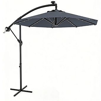 10FT Offset Patio Umbrella with 32 Solar LED Lights Infinite Tilt Cross Base for Deck Pool