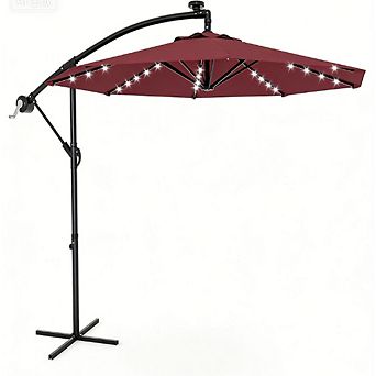 10FT Offset Patio Umbrella with 32 Solar LED Lights Infinite Tilt Cross Base for Deck Pool