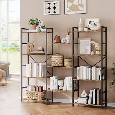 4-Tier 11 Open Shelves Bookshelf Metal Frame Triple Column Sturdy Storage Organizer