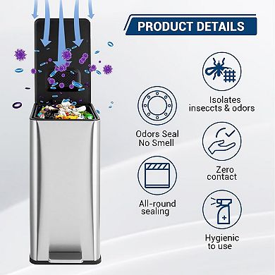 4 Gallon Step Trash Can 15 Liter Stainless Steel Rubbish Bin with Removable Inner Bucket Rectangle