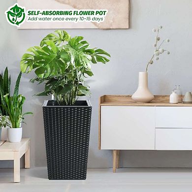 16in Set of 2 Tall Rattan Planters with Self Watering Feature Wheels Easy Drainage Water Level