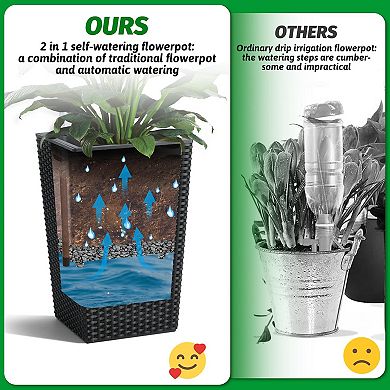 16in Set of 2 Tall Rattan Planters with Self Watering Feature Wheels Easy Drainage Water Level