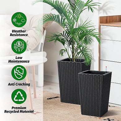 16in Set of 2 Tall Rattan Planters with Self Watering Feature Wheels Easy Drainage Water Level
