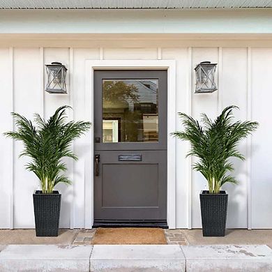 16in Set of 2 Tall Rattan Planters with Self Watering Feature Wheels Easy Drainage Water Level