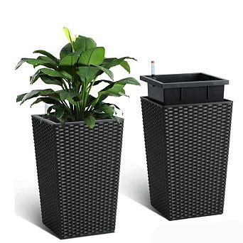 16 in Set of 2 Tall Rattan Planters with Self Watering Feature Wheels Easy Drainage Water Level