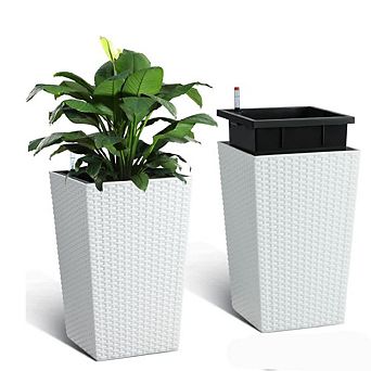 16 in Set of 2 Tall Rattan Planters with Self Watering Feature Wheels Easy Drainage Water Level
