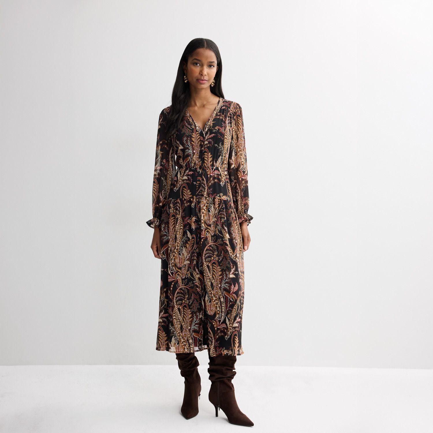Женское платье Nine West Long Sleeve Button Front Maxi, цвет: Чёрный