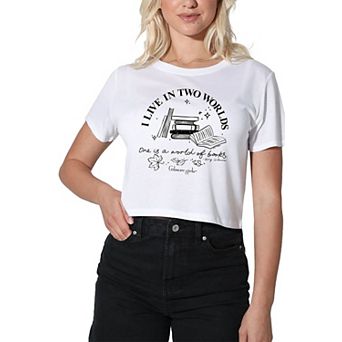 Juniors' Gilmore Girls I Live In Two Worlds Cropped Graphic Tee