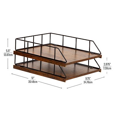Mind Reader 2-Tier Rustic Paper Tray Organizer with Metal Frame