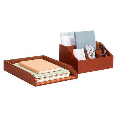Mind Reader PU Leather Desk Organizer & Letter Tray Set of 2