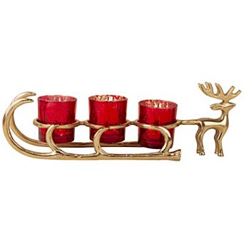 Gold Tone Metal Reindeer with 3 Red Votives Table Decor
