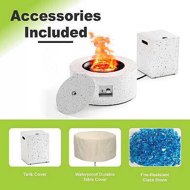 30" Inch Round Wood Grain Iron Fire Pit,50000 BTU with Lid,for Home and Camping (Spotted white)