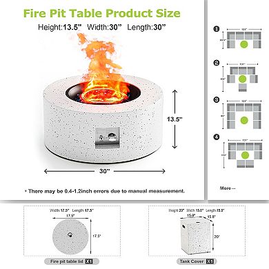 30" Inch Round Wood Grain Iron Fire Pit,50000 BTU with Lid,for Home and Camping (Spotted white)