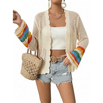 Women's Open Knit Color Block Cardigan Bell Sleeve Scalloped Hem Crochet Cover Up