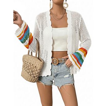 Women's Open Knit Color Block Cardigan Bell Sleeve Scalloped Hem Crochet Cover Up