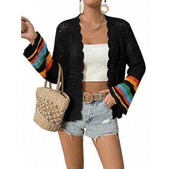 Women's Color Block Open Knit Cardigan Scalloped Edge Bell Sleeve Crochet Cover Up