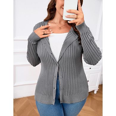 Women's Plus Size Long Sleeve Cardigan Slim Fit Rib Knit Sweater