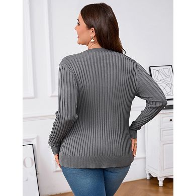 Women's Plus Size Long Sleeve Cardigan Slim Fit Rib Knit Sweater