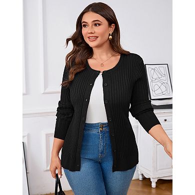 Women's Plus Size Long Sleeve Cardigan Slim Fit Rib Knit Sweater
