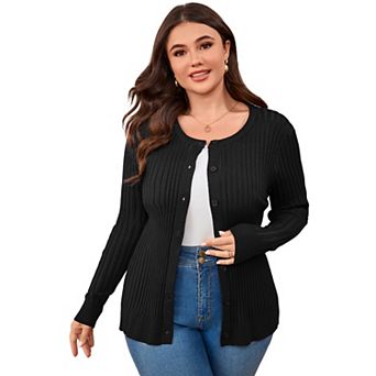 Women's Plus Size Long Sleeve Cardigan Slim Fit Rib Knit Sweater