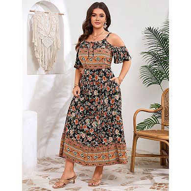 Women's Plus Size Flutter Sleeve Off-Shoulder Midi Dress with Pockets