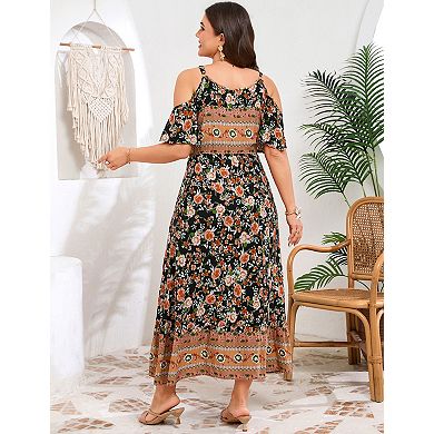 Women's Plus Size Flutter Sleeve Off-Shoulder Midi Dress with Pockets