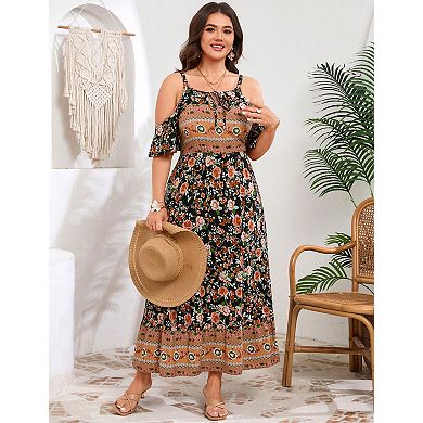 Women's Plus Size Flutter Sleeve Off-Shoulder Midi Dress with Pockets